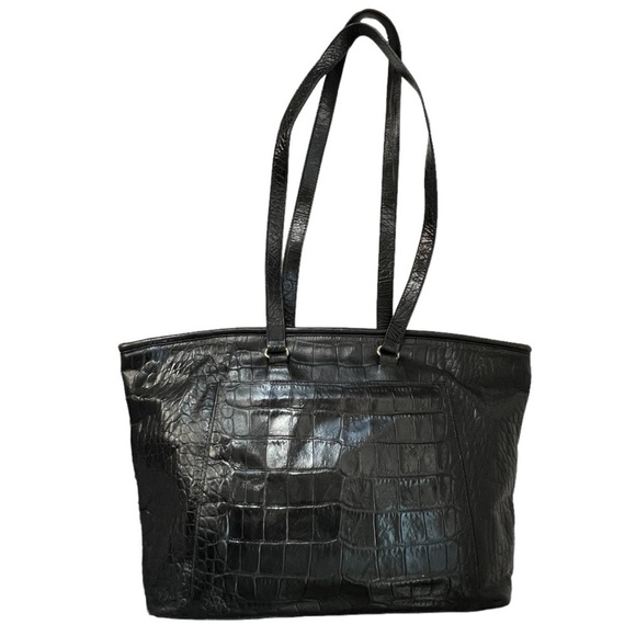 FURLA Designer Leather Bag Made In Italy Black Crocodile Shoulder Tote Purse - Picture 1 of 16